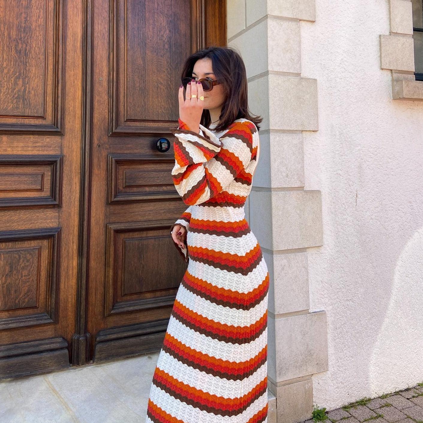 Striped Knit Long Sleeve Boho Maxi Dress