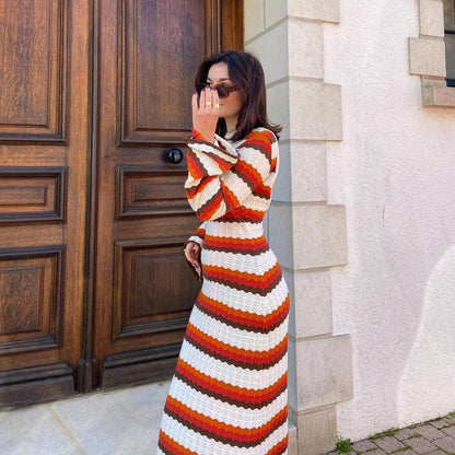 Striped Knit Long Sleeve Boho Maxi Dress