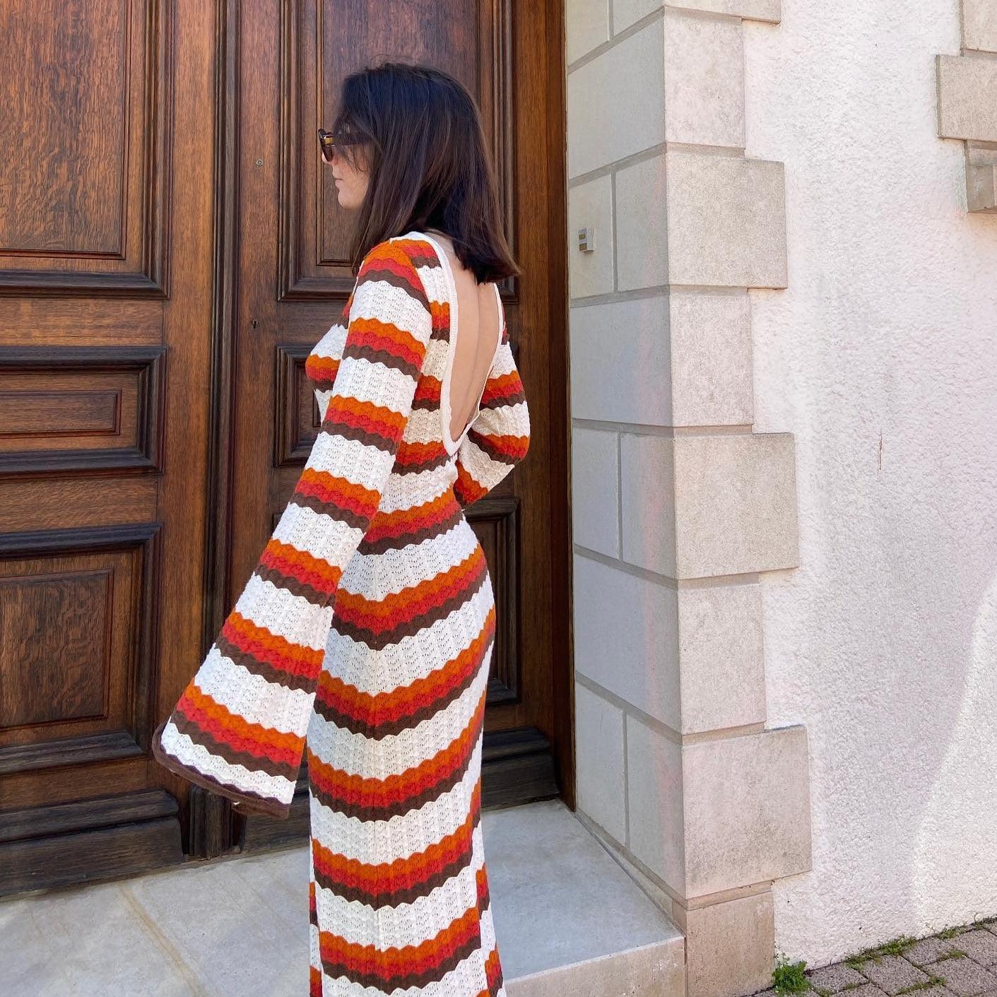 Striped Knit Long Sleeve Boho Maxi Dress