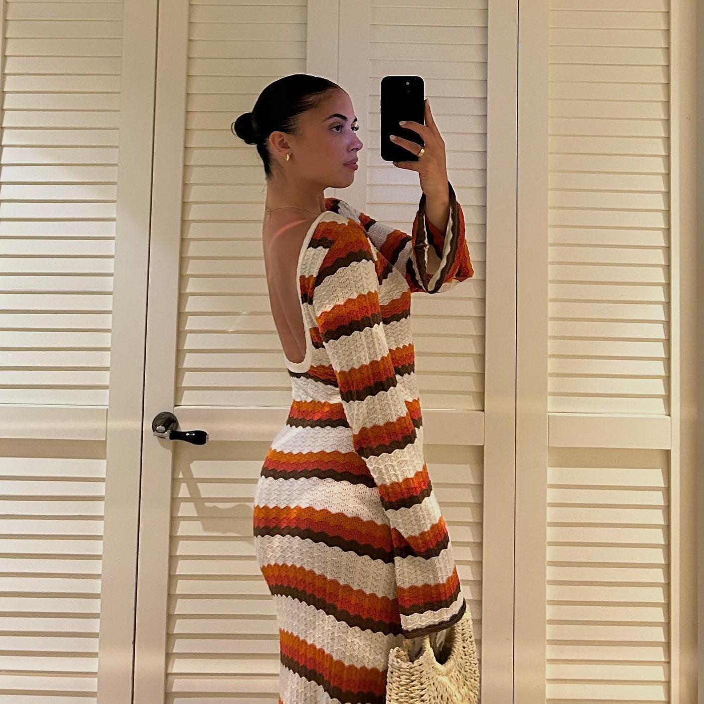 Striped Knit Long Sleeve Boho Maxi Dress