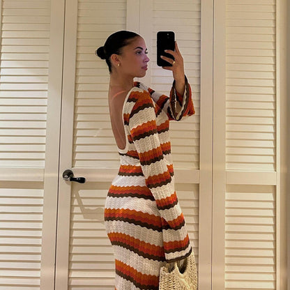 Striped Knit Long Sleeve Boho Maxi Dress