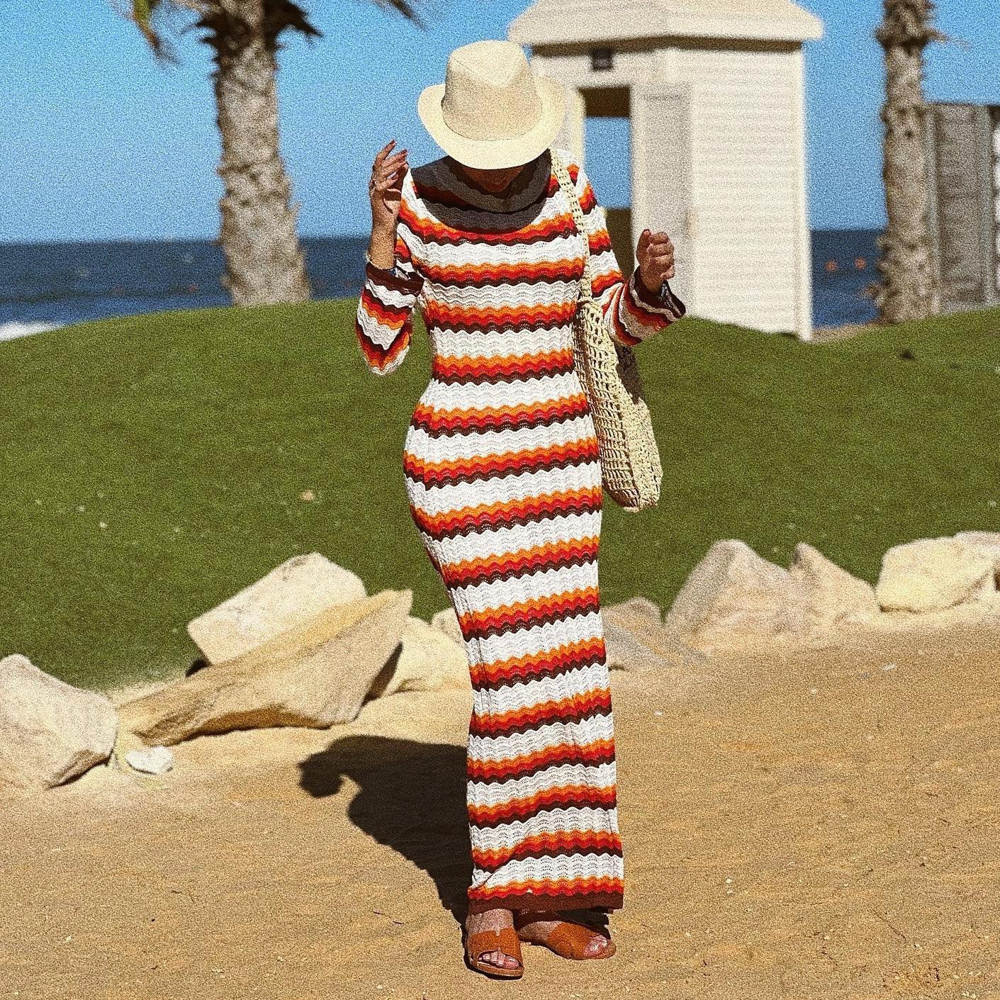 Striped Knit Long Sleeve Boho Maxi Dress