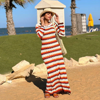 Striped Knit Long Sleeve Boho Maxi Dress