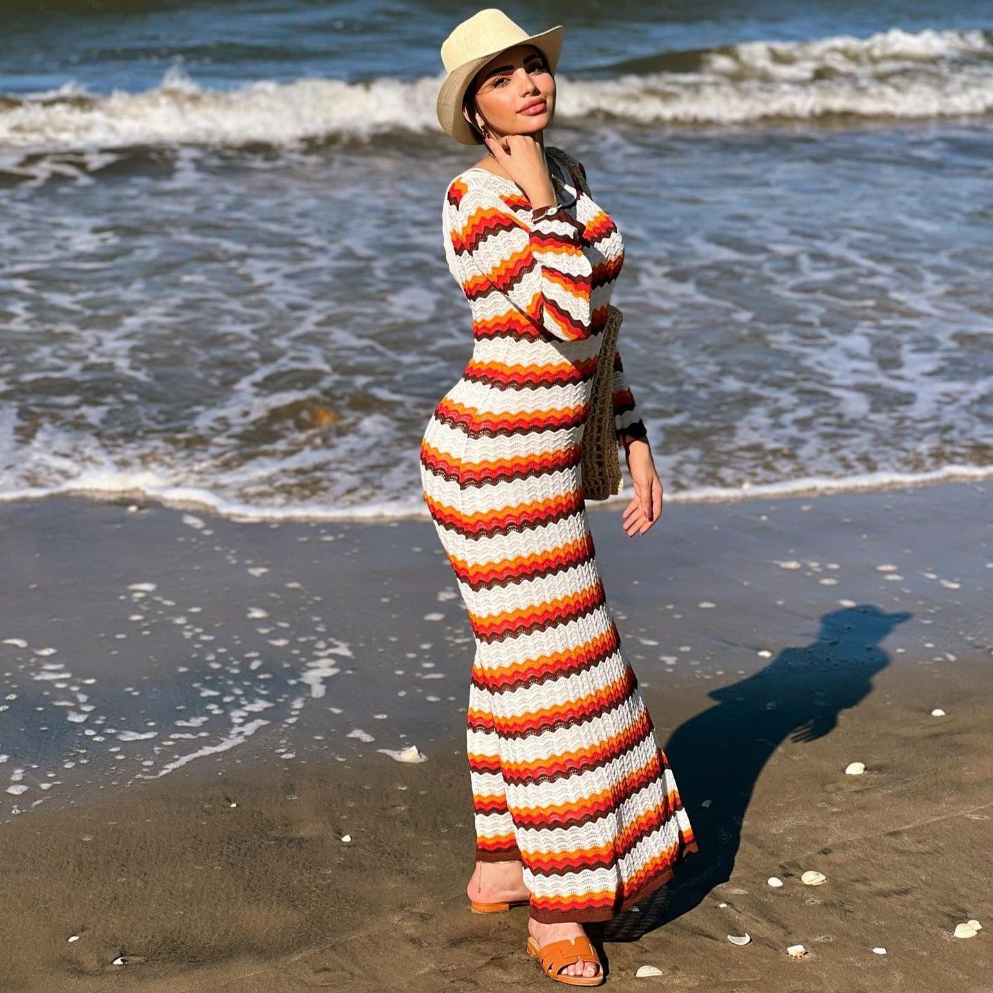 Striped Knit Long Sleeve Boho Maxi Dress