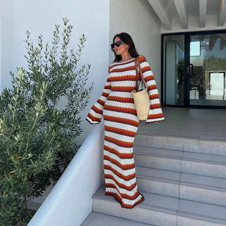 Striped Knit Long Sleeve Boho Maxi Dress