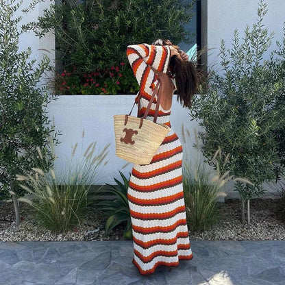 Striped Knit Long Sleeve Boho Maxi Dress