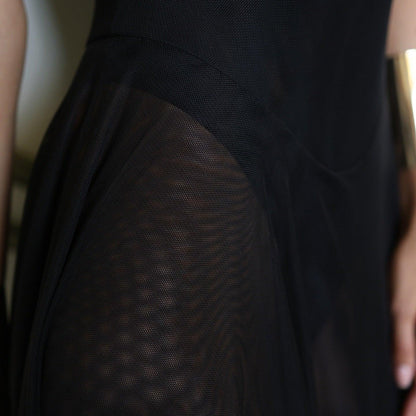 Black Sheer Mesh Plunge Gold Strap Maxi Dress