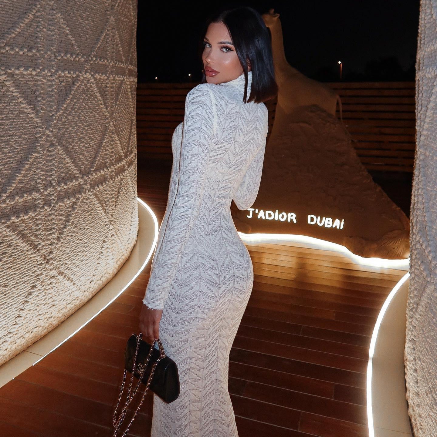 Textured Knit Turtleneck Slim Maxi Dress