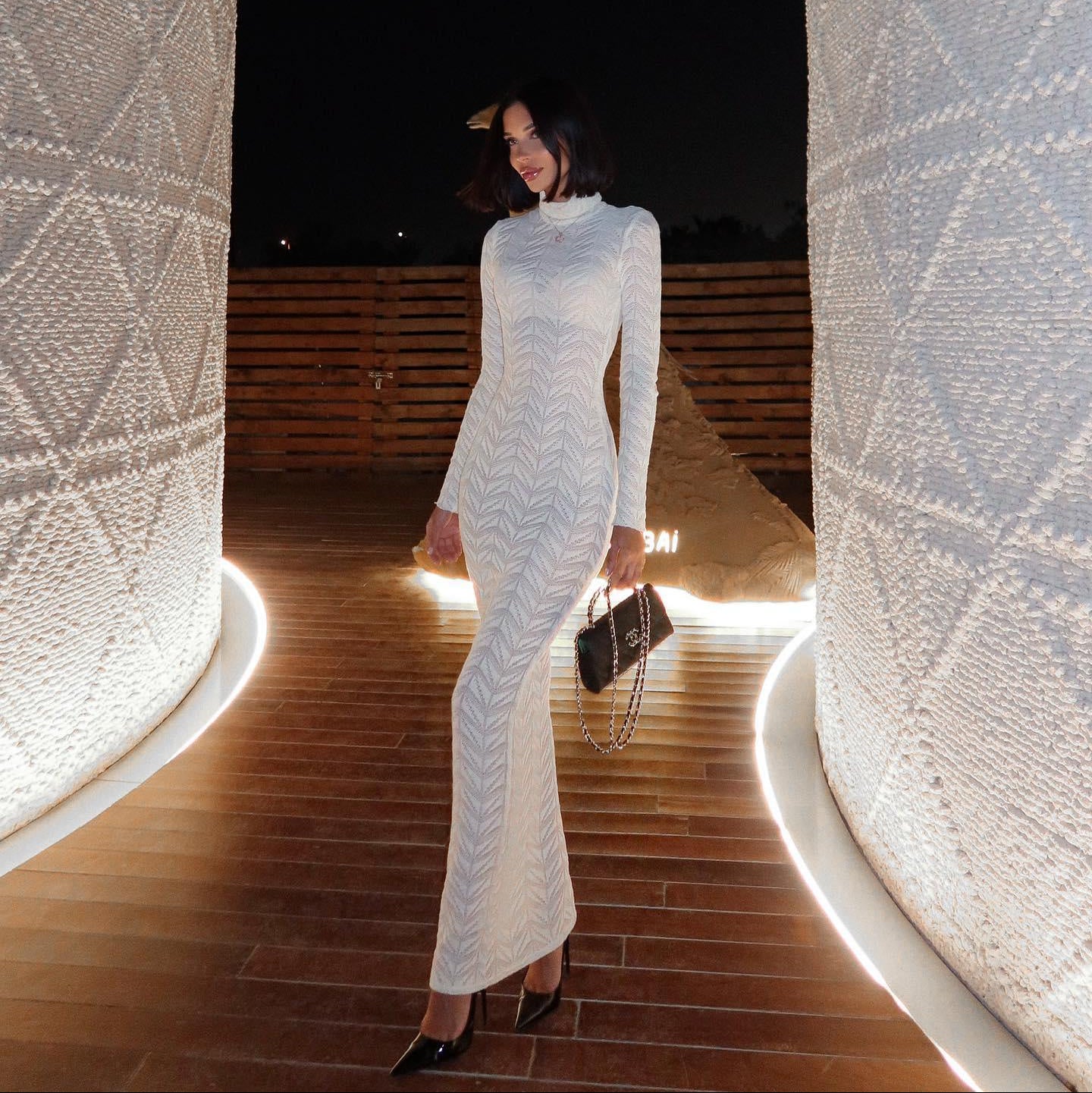 Textured Knit Turtleneck Slim Maxi Dress